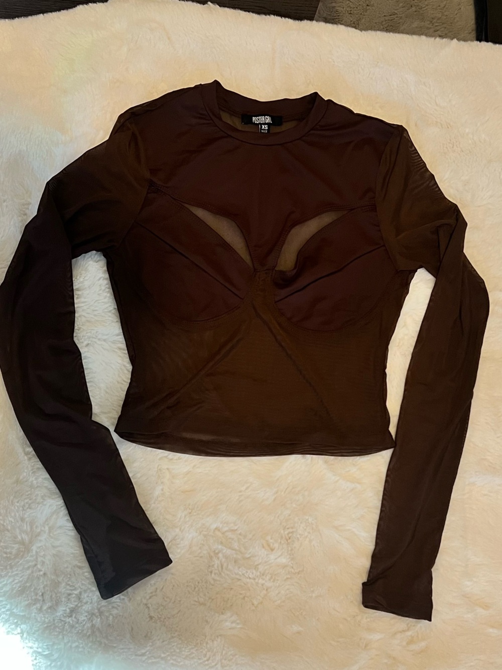 POSTER GIRL Brown Long Sleeve Cutout Mesh Top